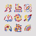 A small white graphic contains nine colorful abstract symbols arranged in a three-by-three grid, resembling stylized athletes, flags, spirals, and sports-themed shapes.