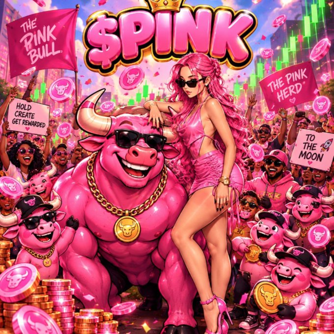 A vibrant pink-themed crypto meme featuring a muscular pink bull with a gold chain, a woman in pink, and cartoon pigs, with text '$PINK', 'THE PINK BULL', 'HOLD CREATE GET REWARDED', 'THE PINK HERD', and 'TO THE MOON'.