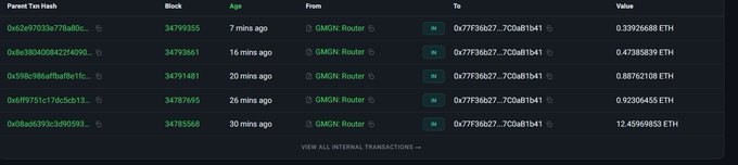 The image displays a list of recent token transactions on the GMGN Router, with various wallets (e.g., 0x62e97033e778af8c, 0x8e38b400842f2498) buying different token hashes like 34779355, 34793661, and 34791481 with ETH amounts ranging from 0.33926688 ETH to 12.45969853 ETH, all interacting with address 0x77F3b627...7C0a11b41.

The post sarcastically dismisses concerns about team selling, but the image actually shows a series of purchases—not sells—being routed through GMGN, suggesting the commenter may be misreading or misrepresenting the transaction data.