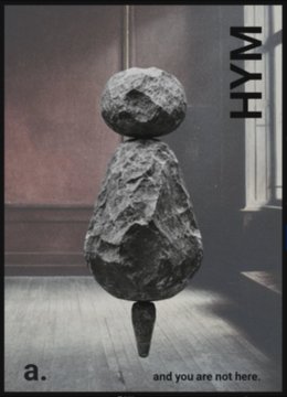 An album cover featuring a photograph of a stone sculpture of a head and torso on a pedestal in a gallery space, with the text 'HYM' on the right, 'a.' in the bottom left, and 'and you are not here.' along the bottom.