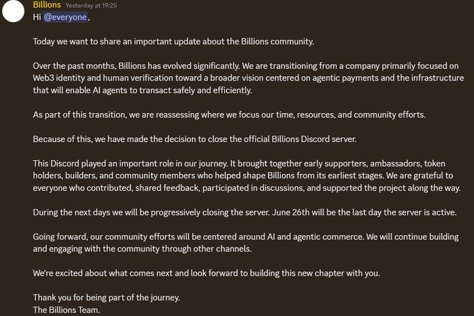The image shows an email that says "Today we want to share an important update about the Billions project: The project closed its Discord most people probably don't care anymore after leaving the project. They spent more than a year building a kyc feature, launched 1 NFT collection and scammed the community."