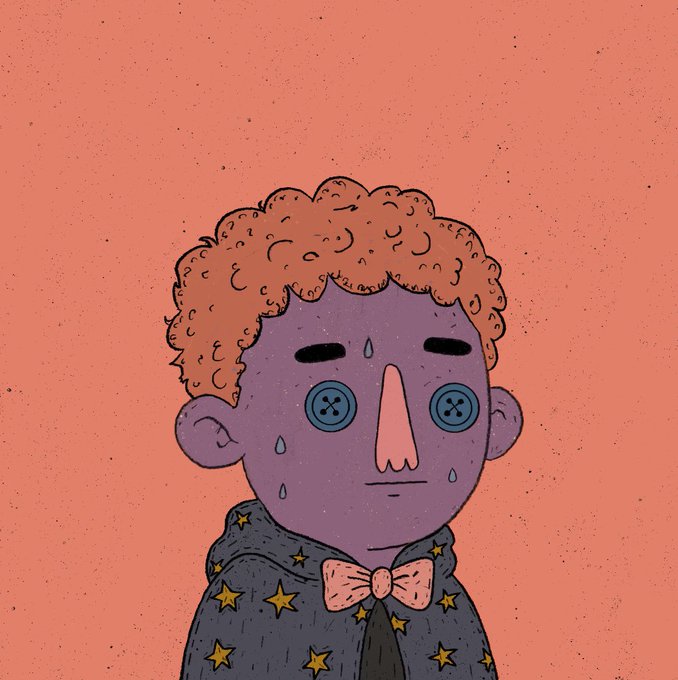 A stylized illustration of a sad, sweating cartoon character with curly orange hair, button eyes, and a star-patterned shirt with a pink bow tie. The artwork visually represents the giveaway prize described in the post — "this wonderful guy" — as a quirky, expressive character being offered as an NFT to one winner who drops their ETH wallet.