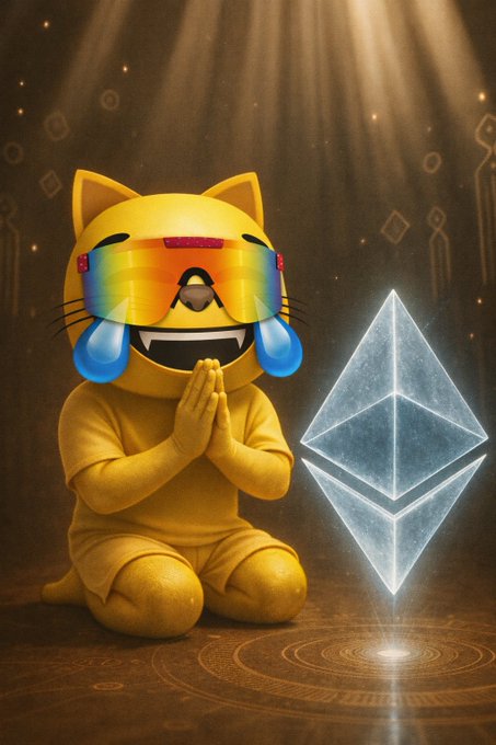 A digital illustration of a yellow cat character with rainbow tears and colorful sunglasses in a praying pose, with hands together, next to a glowing 3D Ethereum logo on a mystical background.