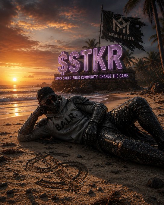 A promotional poster for '$STKR' by Mememilitia featuring a masked figure in a 'BALR.' hoodie lying on a beach at sunset, with the tagline 'STACK SKILLS. BUILD COMMUNITY. CHANGE THE GAME.'