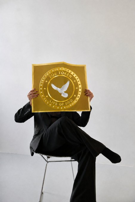 A person in a black suit sitting on a chair and holding a large gold hexagonal plaque with a dove emblem and the text 'TØE TOKEN' and 'LIFE OF GOD' in front of their face.