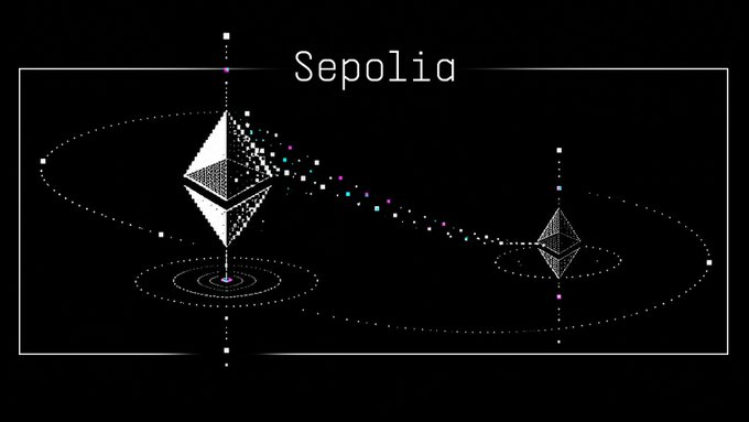 A pixelated graphic on a black background displays the Ethereum logo with the text "Sepolia" at the top, featuring geometric shapes and dotted orbital lines.