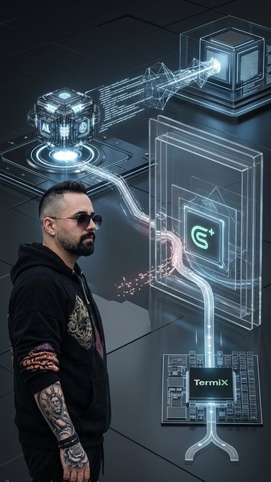 A tattooed man in sunglasses stands beside a futuristic digital display showing interconnected AI modules, including one labeled 'AI', a stylized 'G+' logo, and a circuit board marked 'TermiX'.