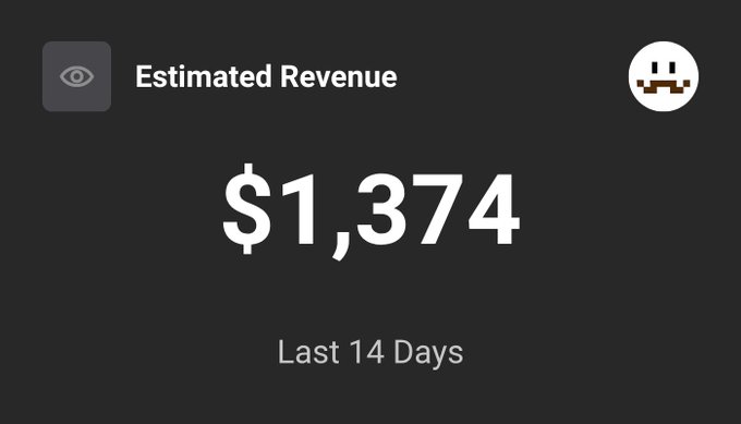 A dark dashboard-style graphic displays "Estimated Revenue" of "$1,374" over the "Last 14 Days," visually supporting the post's claim of earning $1,374 from a 2-week-old YouTube channel.