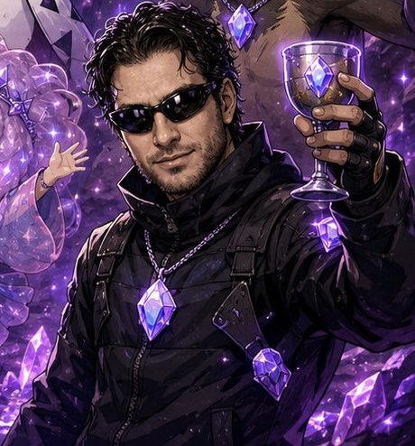 The image features a stylized illustration of a bearded man in sunglasses and a tactical jacket, holding up a goblet filled with glowing purple gems, with a large diamond-shaped gem prominently displayed on his chest. The artwork complements the post celebrating the user's new top role as "GEMS ON TOP" in the @0xAlphaGEMs community, visually emphasizing the "gem" theme through the abundant purple gemstones surrounding the figure.