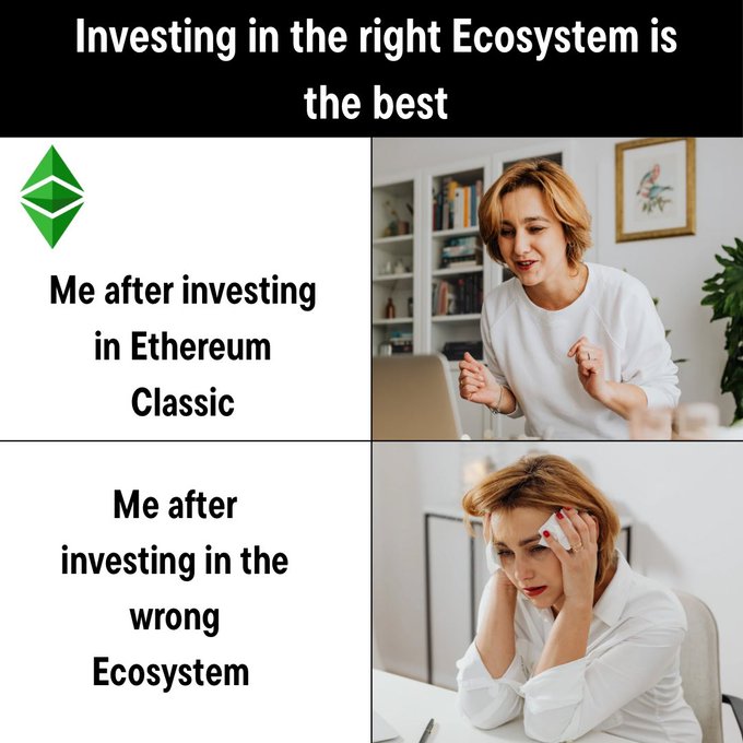 A meme titled "Investing in the right Ecosystem is the best" contrasting "Me after investing in Ethereum Classic" (smiling happily) with "Me after investing in the wrong Ecosystem" (looking distressed with a phone), featuring the Ethereum Classic logo.