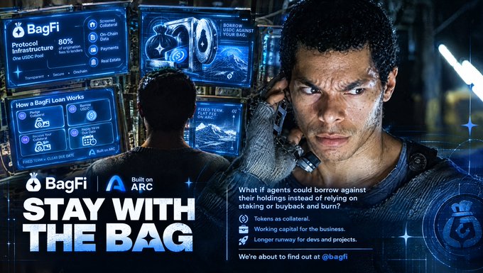 A promotional graphic for 'BagFi' featuring a sci-fi character with futuristic HUD displays, promoting 'STAY WITH THE BAG' and 'Built on ARC' with text about agents borrowing against holdings.