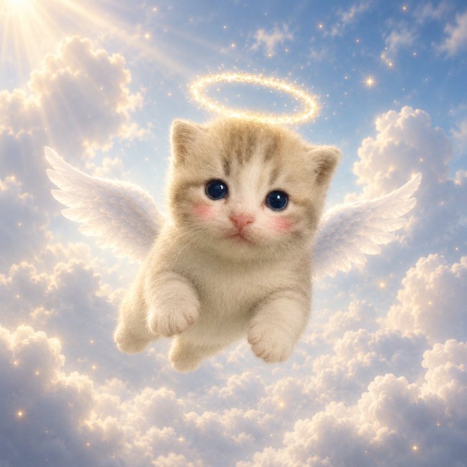 An adorable kitten with white wings and a glowing halo floats among fluffy clouds in a bright blue sky, depicted in a cute, dreamy art style.
