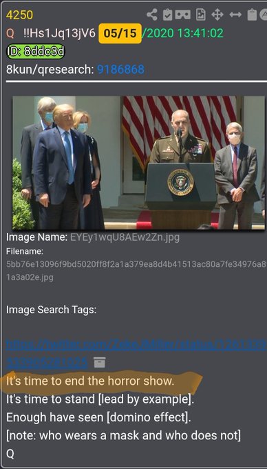 A QAnon post from 8kun dated 05/15/2020 showing an image of Trump and others at a podium, with text calling to 'end the horror show' and noting who wears a mask.