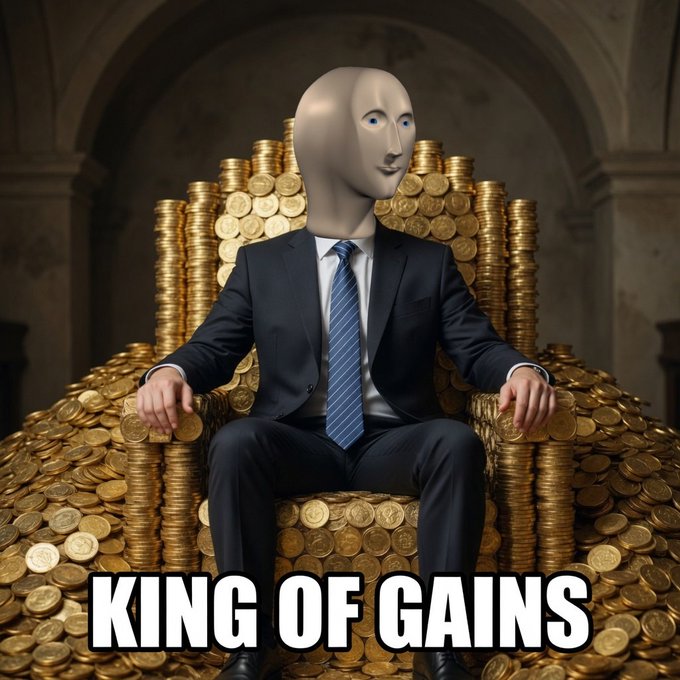 The image depicts the "Stonks" meme character—a figure in a business suit with a blank, wide-eyed face—sitting on a throne made entirely of gold coins, with the text "KING OF GAINS" prominently displayed below. The opulent, throne-of-treasury imagery reinforces the post's message, celebrating Stonks' dominance on the Robinhood Chain as the ultimate symbol of financial gains.