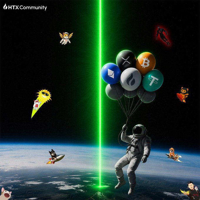 An HTX Community promotional image showing an astronaut floating above Earth holding balloons representing various cryptocurrencies including Bitcoin, Ethereum, XRP, and SUI, surrounded by small meme character illustrations.