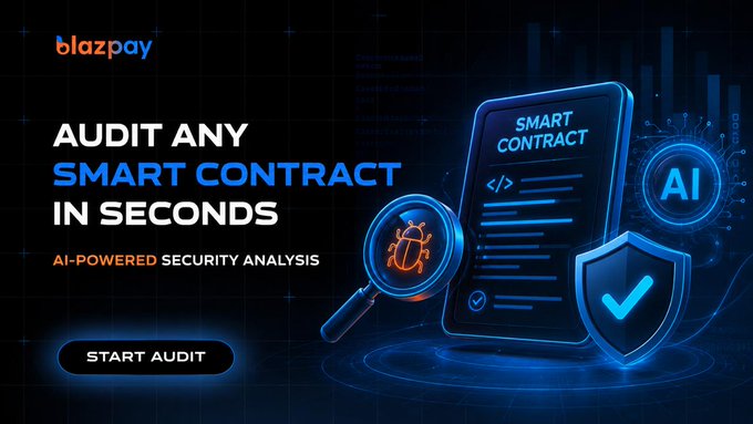 A promotional graphic for BlazPay's BlazAI tool displays the tagline "Audit Any Smart Contract in Seconds" alongside "AI-Powered Security Analysis" and a "Start Audit" button, visually reinforcing the post's message of providing instant, AI-generated smart contract security audits with downloadable certificates.