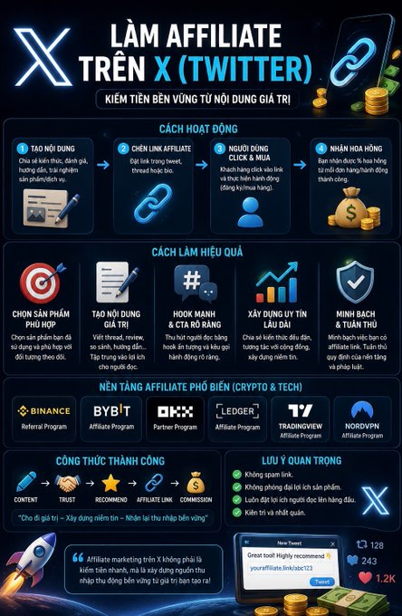 A Vietnamese-language infographic titled 'Làm Affiliate Trên X (Twitter)' explaining how to do affiliate marketing on X (Twitter), listing platforms like Binance, ByBit, OKX, and Ledger.