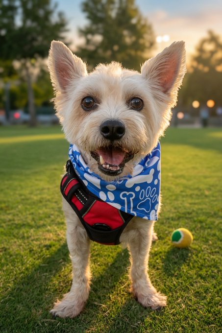 A happy white terrier stands in a sunny park wearing a red harness and a blue bone-patterned bandana, with a small yellow tennis ball resting in the grass beside it. The cheerful, playful pup perfectly matches the upbeat "Something is Brewing on X" vibe, hinting at a fun new update or reveal on the platform.