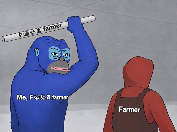A meme image showing a blue gorilla labeled 'Me, F*** farmer' raising a bat labeled 'F*** farmer' over a red-hooded figure labeled 'Farmer'.