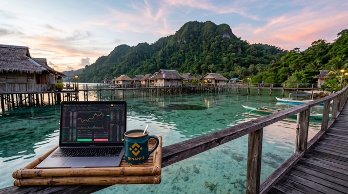 A scenic view of overwater bungalows at sunset with a laptop displaying a chart and a Binance mug resting on a wooden railing in the foreground.