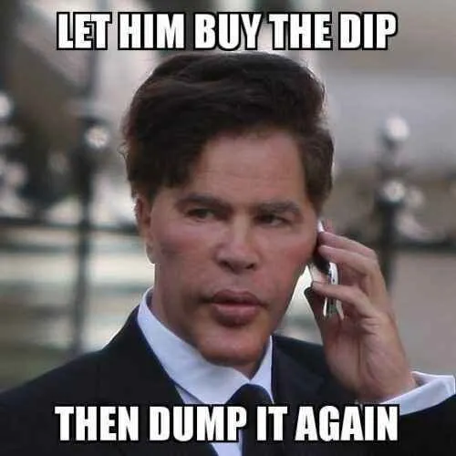 A confident man in a suit holds a phone to his ear with a sly expression, with bold white text overlaid reading "LET HIM BUY THE DIP" at the top and "THEN DUMP IT AGAIN" at the bottom. The meme humorously illustrates the poster's critique of crypto influencers who cherry-pick successful calls while ignoring their many failed predictions, reinforcing the idea that the market is easily manipulated by those who rewrite history.
