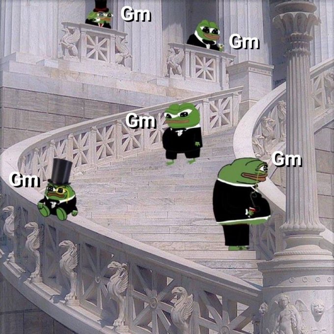 Multiple Pepe the Frog figures dressed in formal black attire and top hats are positioned on a grand marble staircase, each labeled "Gm" in white text. The image ties directly to the "gm and happy sunday!" greeting, a common crypto/web3 social media tradition where "gm" stands for "good morning."