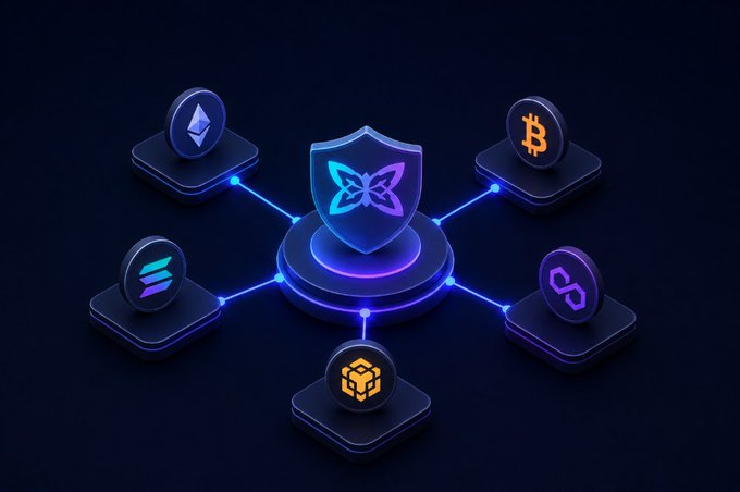 A 3D digital illustration showing a central glowing shield with a butterfly logo connected by illuminated lines to surrounding cryptocurrency coin icons including Ethereum, Bitcoin, Solana, Polygon, and BNB, symbolizing a cross-chain security or bridging network.