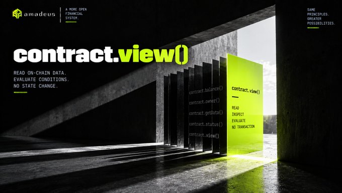 A promotional graphic for 'amadeus' featuring the text 'contract.view() — READ ON-CHAIN DATA. EVALUATE CONDITIONS. NO STATE CHANGE.' with a 3D architectural design in green and black.