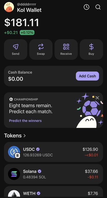 A mobile screenshot of a crypto wallet app showing a balance of $181.11, with options to Send, Swap, Receive, and Buy, and a list of tokens including USDC, Solana, and WETH.
