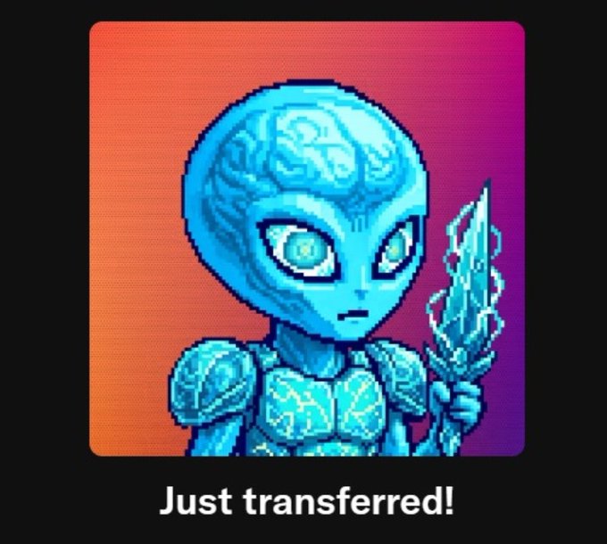 The image features an alien character with blue skin and eyes, holding a sword and standing against a purple background. The caption below the image reads "Just transferred! @voids_eth all the effort they put into this community, including running this contest. Another icy armour in my vault."
