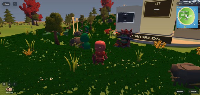 Two blocky "Trencher" avatar characters stand in a grassy, cartoonish virtual world beside a leaderboard sign displaying "1ST," "2ND," and "WORLDS," illustrating the post's invitation to join an early community within the Worldie game.