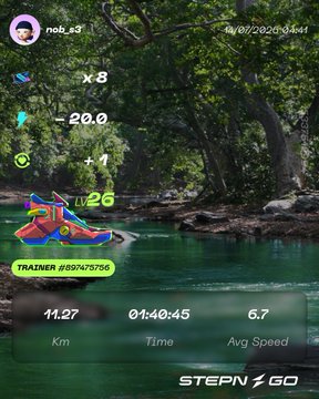 A STEPN GO app screenshot displays a Trainer Lv26 "Common" sneaker (#697475756) with stats showing 11.27 km covered in 01:40:45 at 6.7 avg speed, earning 8x energy, -20.0 GMT, and +1 GST, dated 09/07/2026. The image illustrates the jogger's reflection on the limitations of the GO feature, as they completed a 100-minute activity but felt the rewards (8 tickets) and inability to simultaneously earn both GGT and MB made the experience underwhelming compared to OG trainers.
