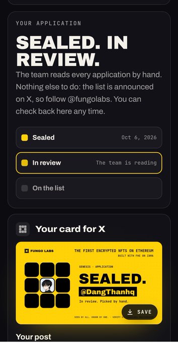 An application status screen for 'Fungo Labs' showing a 'SEALED. IN REVIEW.' status with an accompanying yellow card featuring an anime-style avatar for user @DangThanhq.