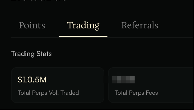 The screenshot displays a trading statistics dashboard with the "Trading" tab selected, showing "$10.5M Total Perps Vol. Traded" and a blurred "Total Perps Fees" value. This aligns with the post celebrating Arcus surpassing $10 million in trading volume, while noting roughly $2,000 in fees earned.