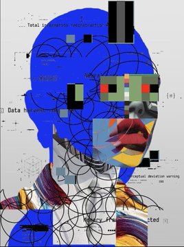 An abstract, glitch-style digital artwork showing a fragmented blue face overlaid with chaotic black scribbles and partially obscured text.