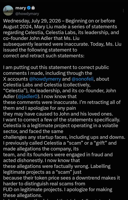 A Twitter post by user 'mary' (@howdymary) dated Wednesday, July 29, 2026, in which Mary Liu retracts and apologizes for previous inaccurate statements regarding Celestia, Celestia Labs, and co-founder John Adler, admitting her allegations of fraud were factually wrong.