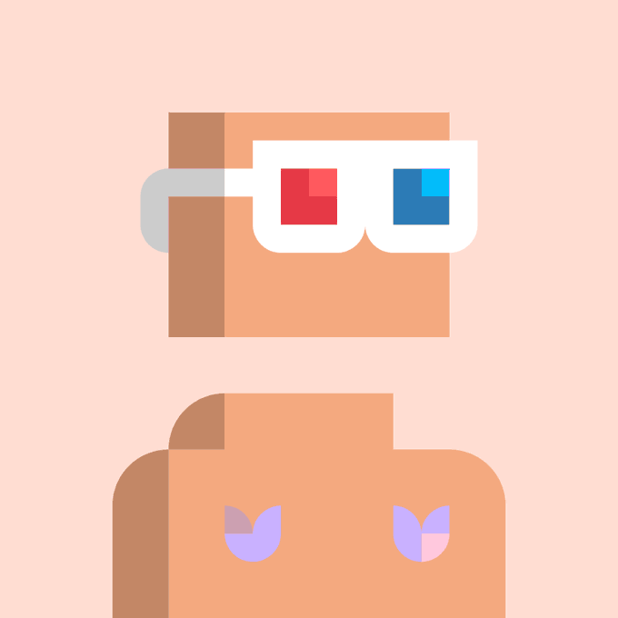 A stylized, flat-design digital illustration shows a tan, boxy figure wearing white anaglyph 3D glasses (with red and blue/cyan lenses) on a solid peach background.