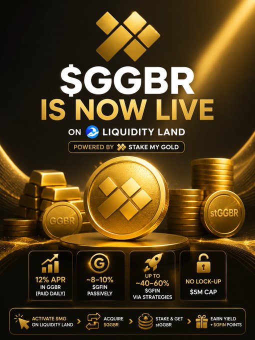 The image features a black background with gold text promoting the update for the @goldfishggbr ecosystem. The update provides new opportunities for users to put tokenized gold to work through @Liquidity_Land via @stakemygold, offering various methods for earning rewards and increasing their investment capital. The post also contains additional details on how to take advantage of these new features in the @GGBR ecosystem.