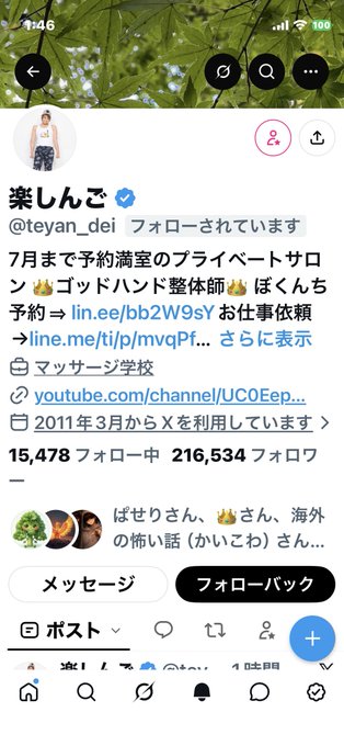 The image shows a Twitter/X profile page for "楽しんご (@teyan_dei)" with 216,534 followers, describing himself as a God Hand massage therapist offering private salon appointments by July. The post relates to being followed back by this user, noting his apparent interest in crypto as referenced in the bio.