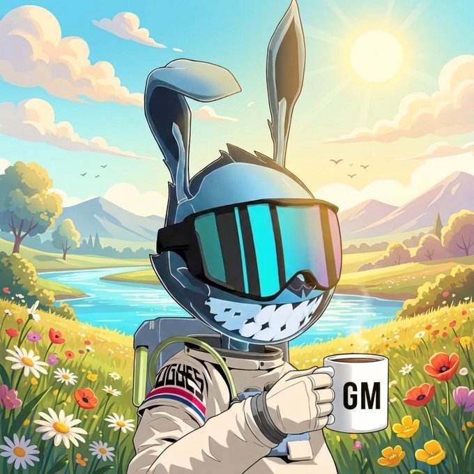 A cartoon rabbit astronaut in a spacesuit with bunny-ear helmet details and reflective sunglasses holds a white mug labeled "GM" while standing in a vibrant flower-filled meadow at sunrise. The image playfully illustrates the post's call for "GM" (good morning) greetings, using the "GM" text on the mug as a direct visual response to the author's question "Are we back? Can I get a GM back?"