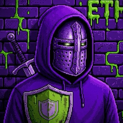 A digital illustration of a hooded knight wearing a purple hoodie and a metallic helmet with glowing eyes, accompanied by 'ETH' text, a sword, and a shield against a brick wall background.