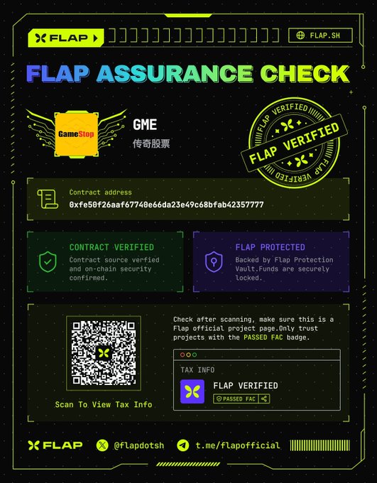 A FLAP Assurance Check infographic verifying the GME (GameStop) token contract at 0xfe50f26aaf67740e66da23e49c68bfab42357777, displaying 'CONTRACT VERIFIED' and 'FLAP PROTECTED' badges.