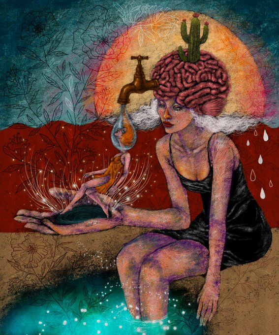 A surreal, colorful artistic illustration depicting a woman with a brain and cactus for a head, with a faucet dripping water onto a small figure in her hand, set against a vibrant red and teal background.