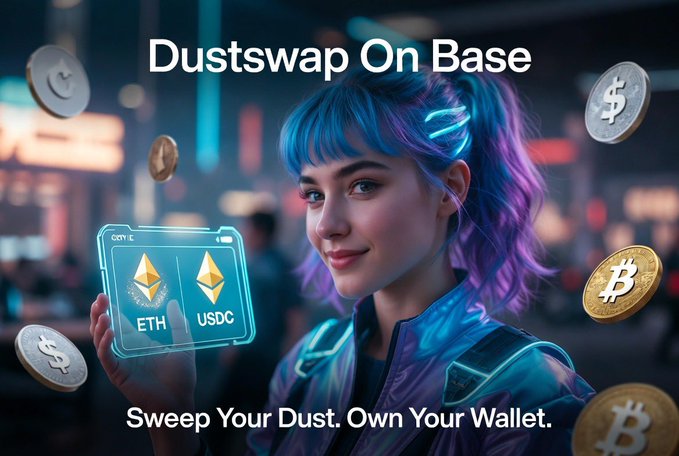 The image shows a futuristic-styled woman with blue and purple hair holding a glowing holographic swap interface displaying "ETH" and "USDC" exchange options, surrounded by floating gold cryptocurrency coins, with the headline "DUSTSWAP ON BASE" at the top and the tagline "Sweep Your Dust. Own Your Wallet." at the bottom. The visual directly promotes Dustswap On Base as a tool to clean up small, unwanted crypto tokens, reinforcing the post's message about consolidating dust into one efficient transaction.