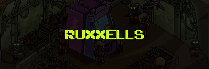Pixel art video game screenshot with the yellow text 'RUXXELLS' overlaid on a dark sci-fi laboratory scene with characters in spacesuits.