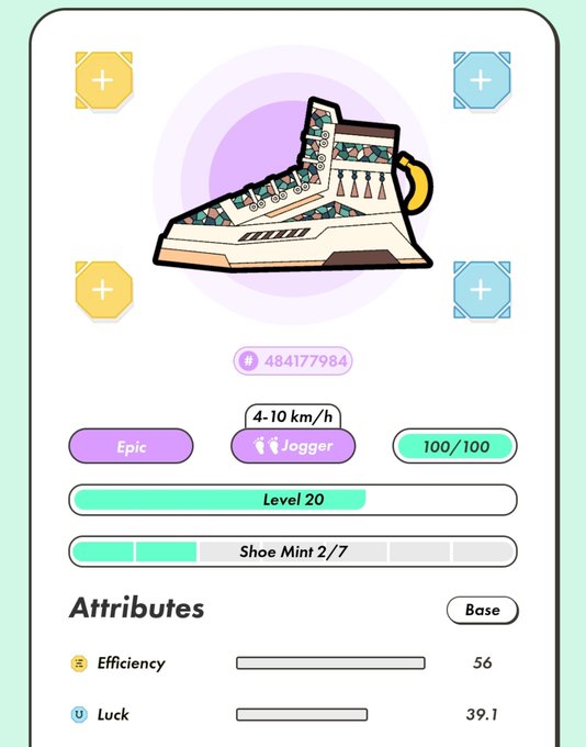 A screenshot from a fitness/sneaker app showing an 'Epic' rarity running shoe with Aztec/tribal patterns, displaying a value of 484177984, a Jogger efficiency of 4-10 km/h, Level 20, and base attributes of Efficiency 56 and Luck 39.1.