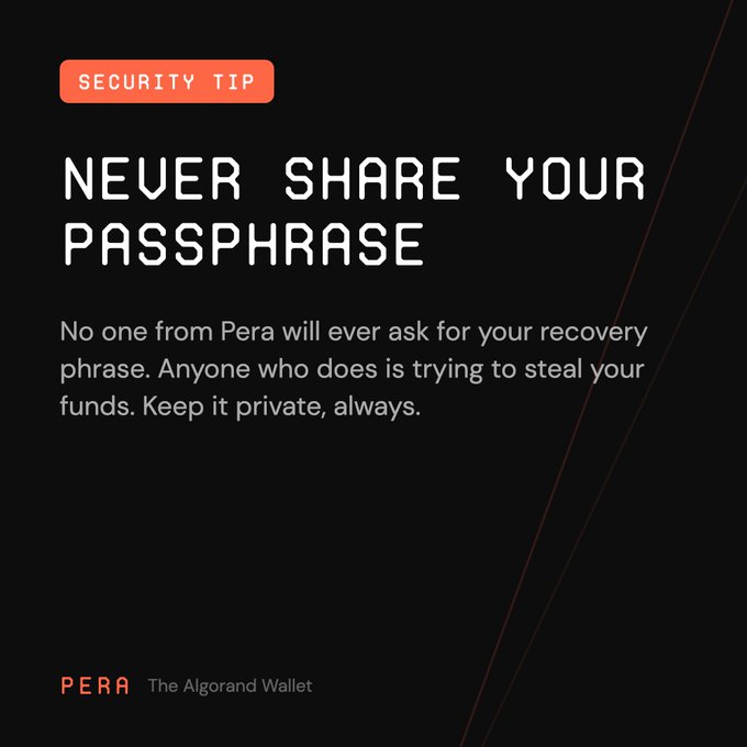 A dark security tip graphic with text reading 'SECURITY TIP: NEVER SHARE YOUR PASSPHRASE' and a note that 'No one from Pera will ever ask for your recovery phrase,' branded as Pera, The Algorand Wallet.
