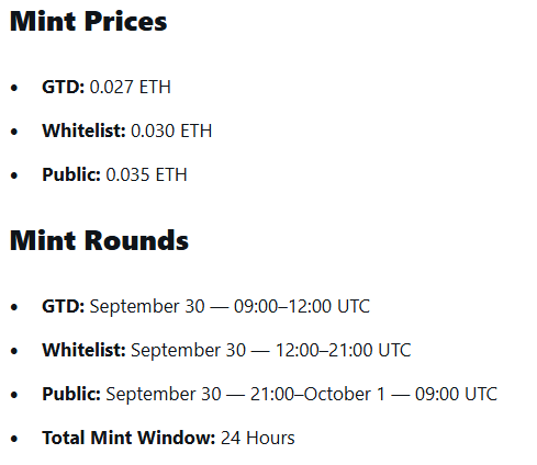 The image displays mint prices and round schedules for an NFT collection, with GTD priced at 0.027 ETH, Whitelist at 0.030 ETH, and Public at 0.035 ETH, alongside their respective 24-hour minting windows on September 30–October 1. While the post questions the value at "$80," the image actually shows prices ranging from roughly $70–$95 depending on ETH's value, supporting the criticism that this NFT mint is overpriced relative to the seemingly basic artwork.