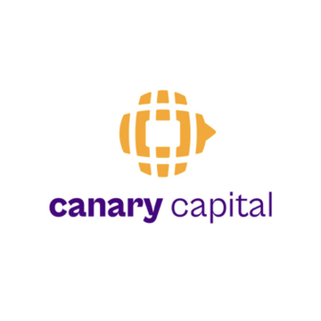 The image displays the Canary Capital logo, featuring an orange globe-like emblem with a stylized arrow design, accompanied by the company name "canary capital" in purple text. This branding relates to the news of Canary Capital filing its second amendment for a staked SEI ETF.