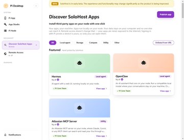 The image shows a Pi Desktop interface displaying a "Discover SoloHost Apps" page, featuring three featured apps: Memes (v2.6), OpenClaw (v2.6), and AdGuard MCP Server, each marked as "Local agent" or "Utility." The page illustrates how Pi Desktop hosts these native applications that run directly on the user's computer, aligning with the post's discussion about SoloHost native apps used for Pi Network activities beyond basic mining.